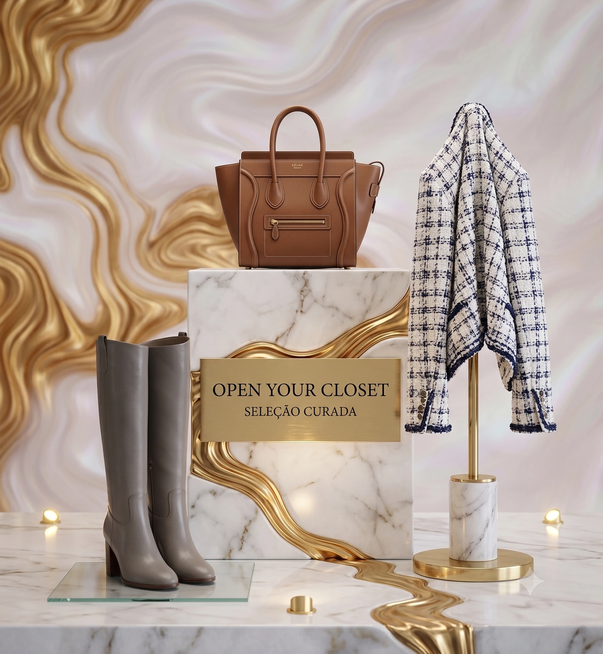 Seleção curada Open Your Closet com bolsa Céline, botas e blazer